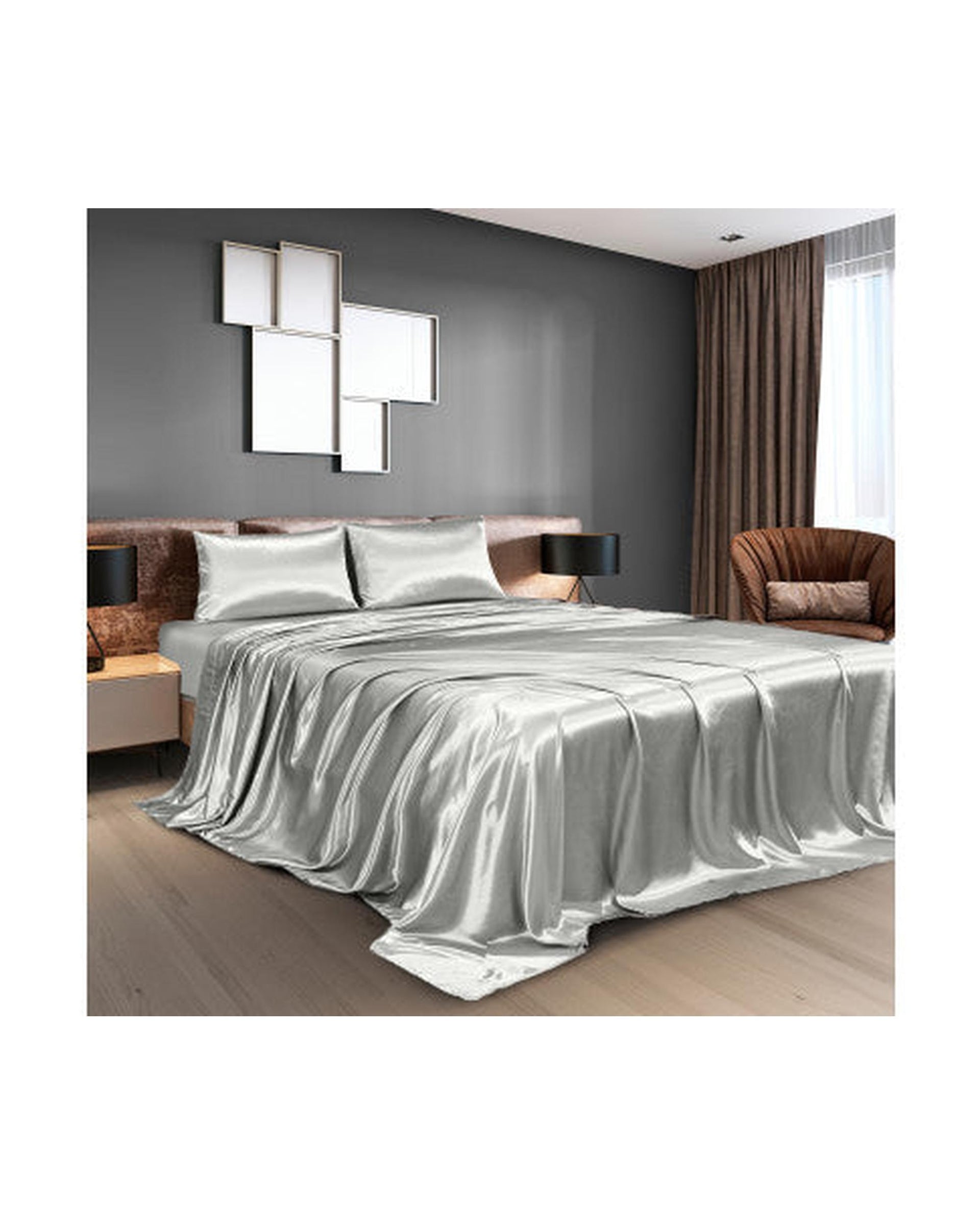 Royal Comfort Satin Sheet Set 4 Piece Fitted Flat Sheet Pillowcases - Silver Royal Comfort