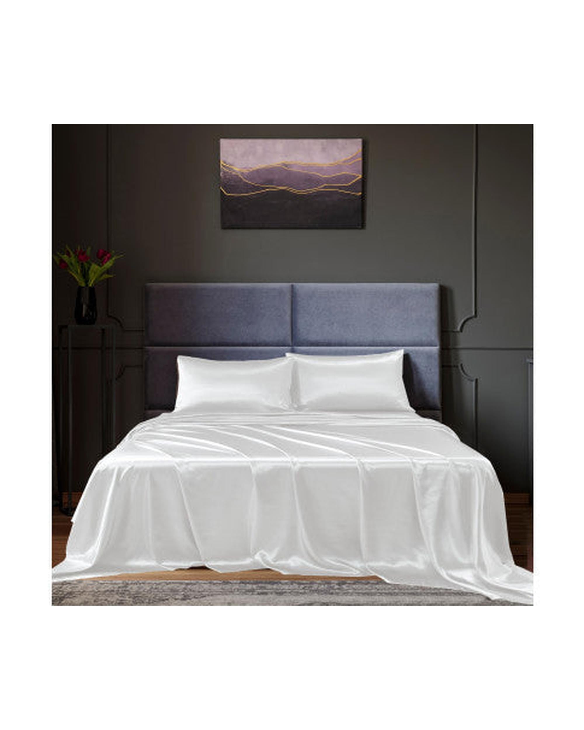 Royal Comfort Satin Sheet Set 4 Piece Fitted Flat Sheet Pillowcases - White Royal Comfort