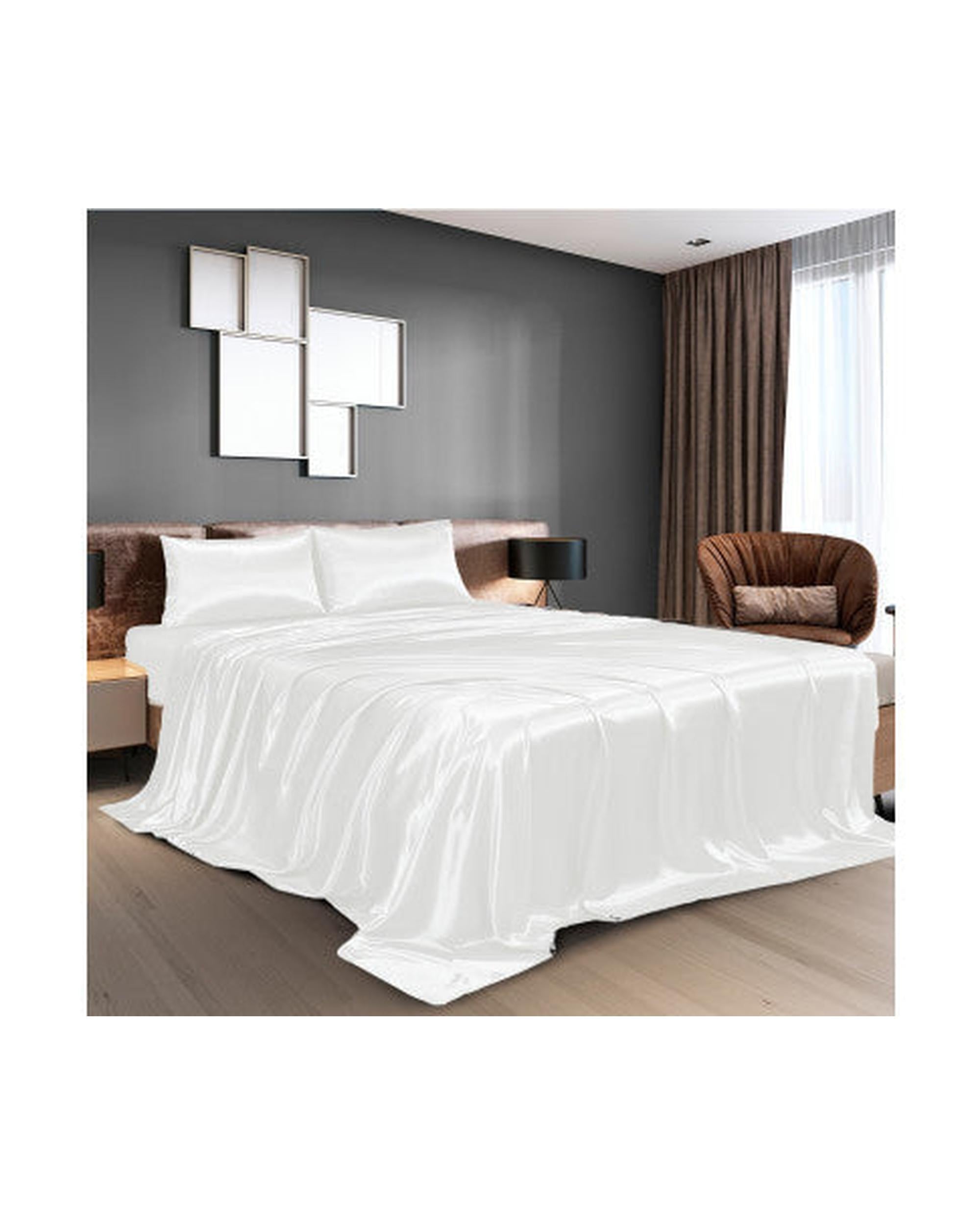 Royal Comfort Satin Sheet Set 4 Piece Fitted Flat Sheet Pillowcases - White Royal Comfort
