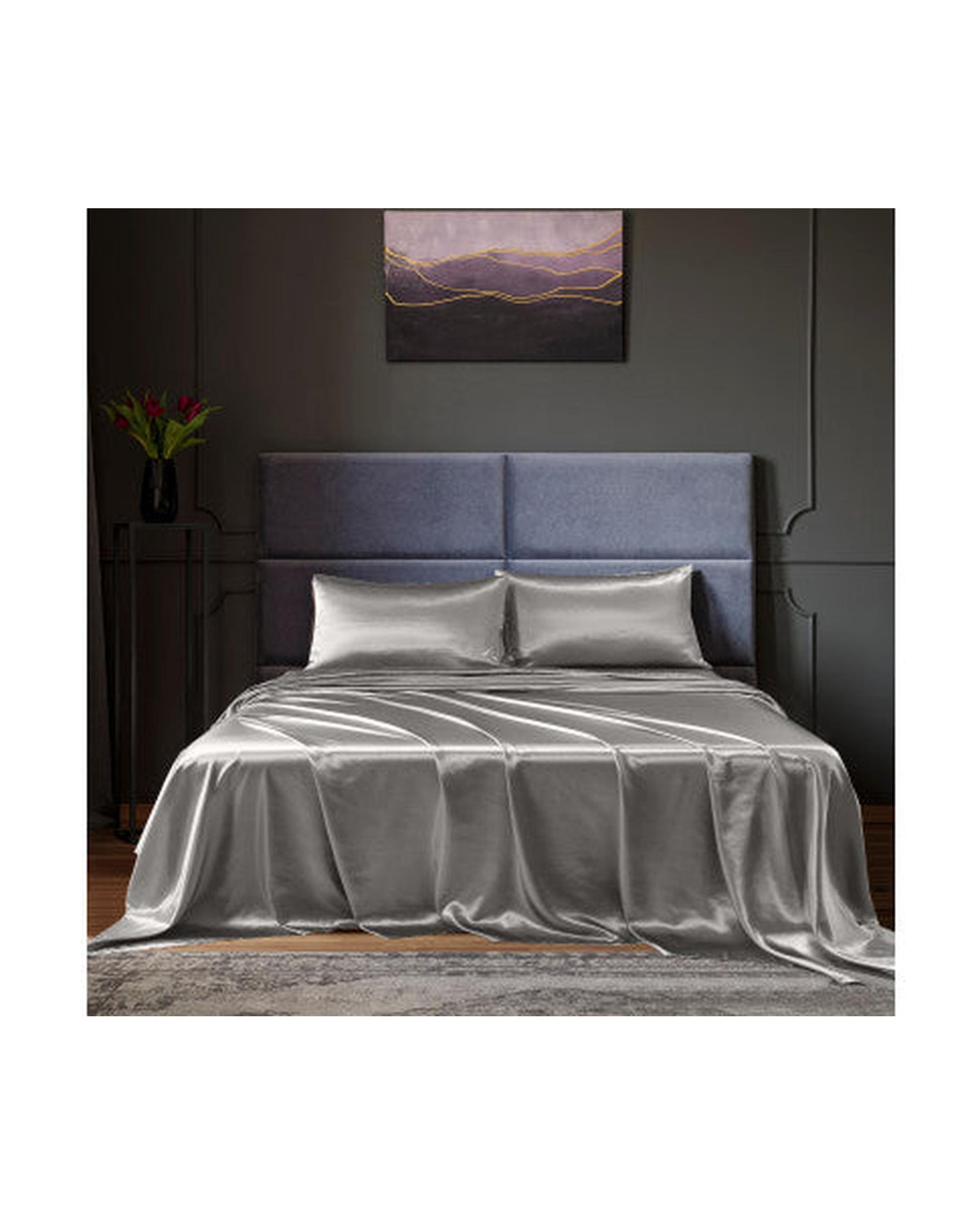 Royal Comfort Satin Sheet Set 4 Piece Fitted Flat Sheet Pillowcases - Charcoal Royal Comfort