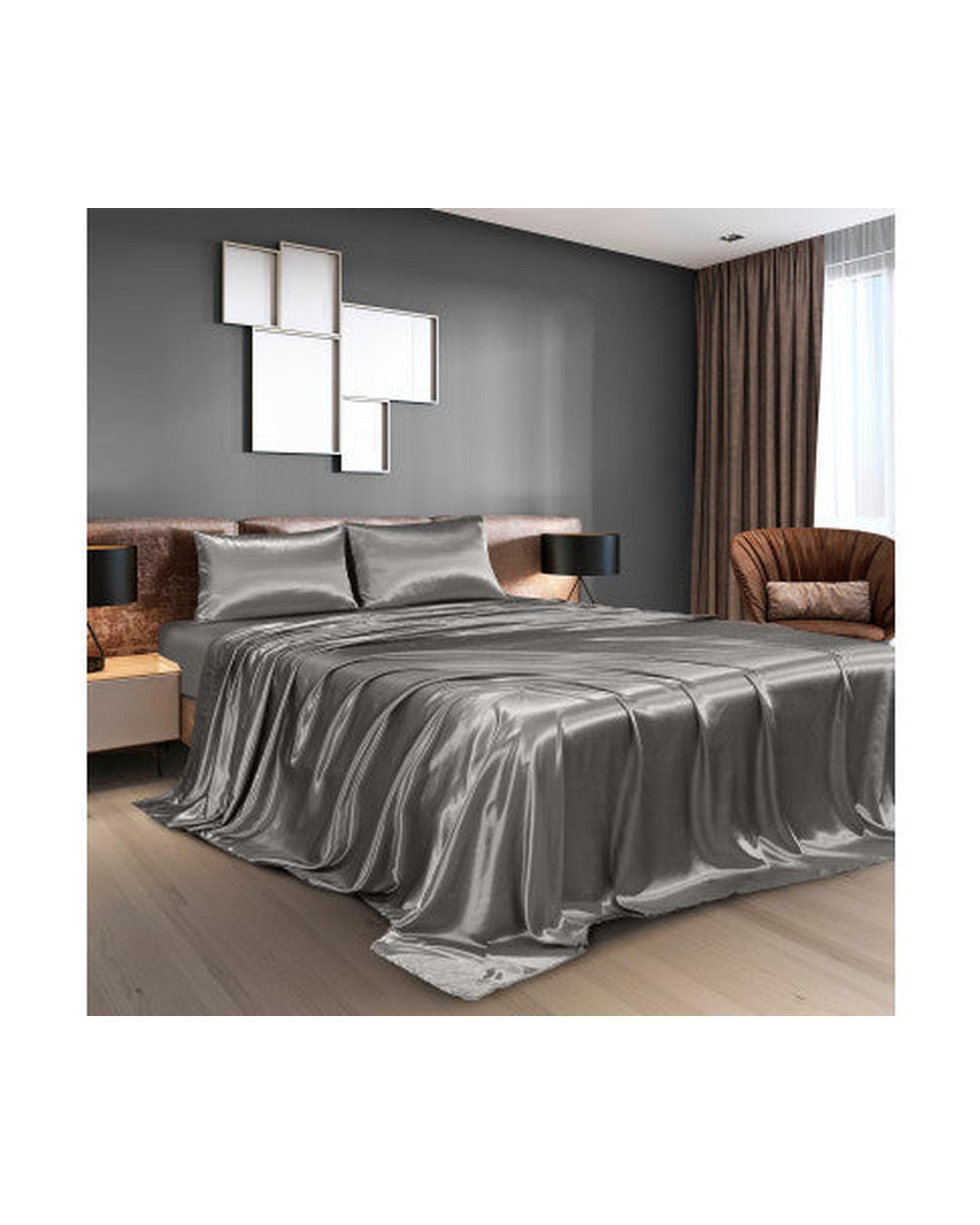 Royal Comfort Satin Sheet Set 4 Piece Fitted Flat Sheet Pillowcases - Charcoal Royal Comfort