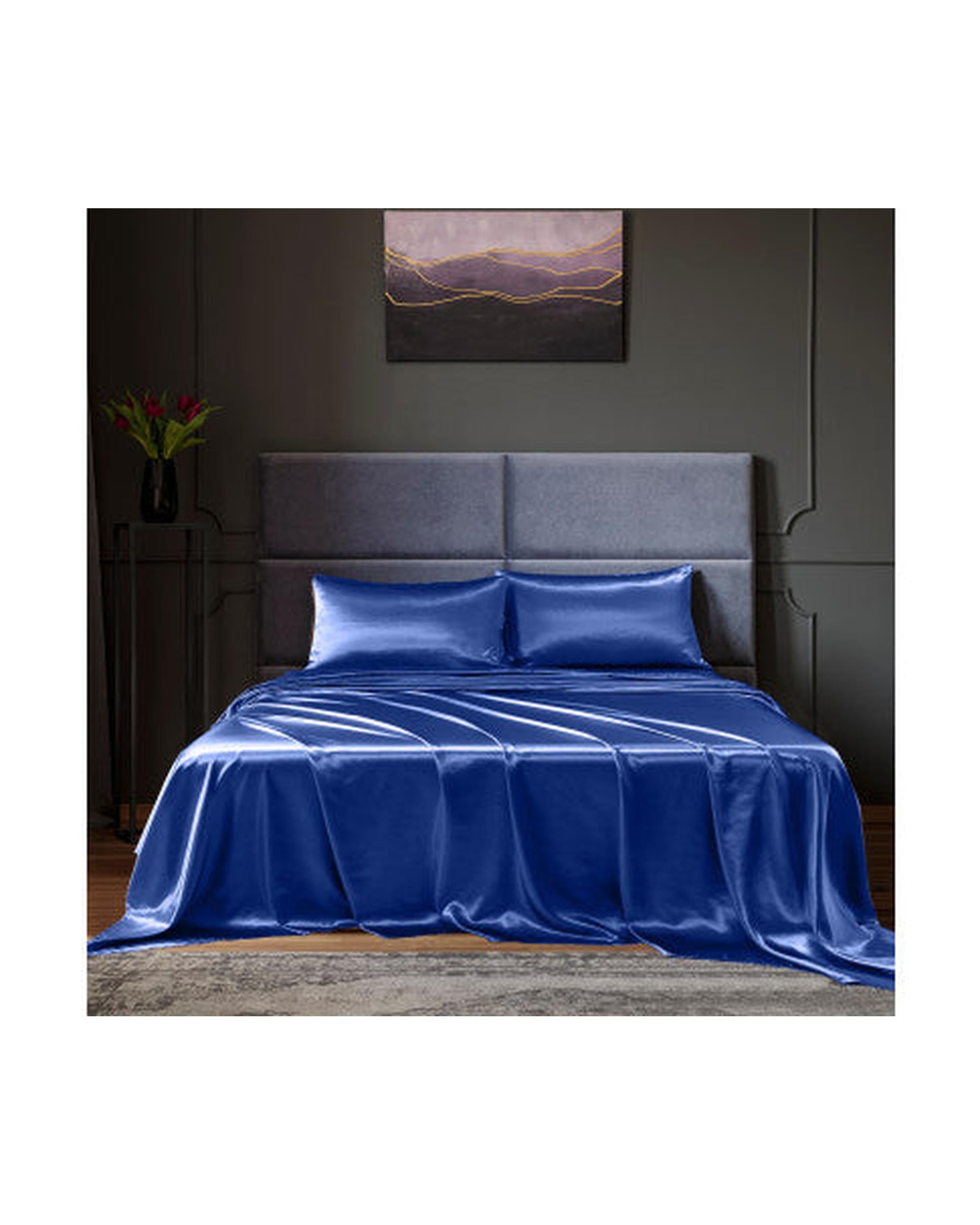 Royal Comfort Satin Sheet Set 4 Piece Fitted Flat Sheet Pillowcases - Navy Blue Royal Comfort