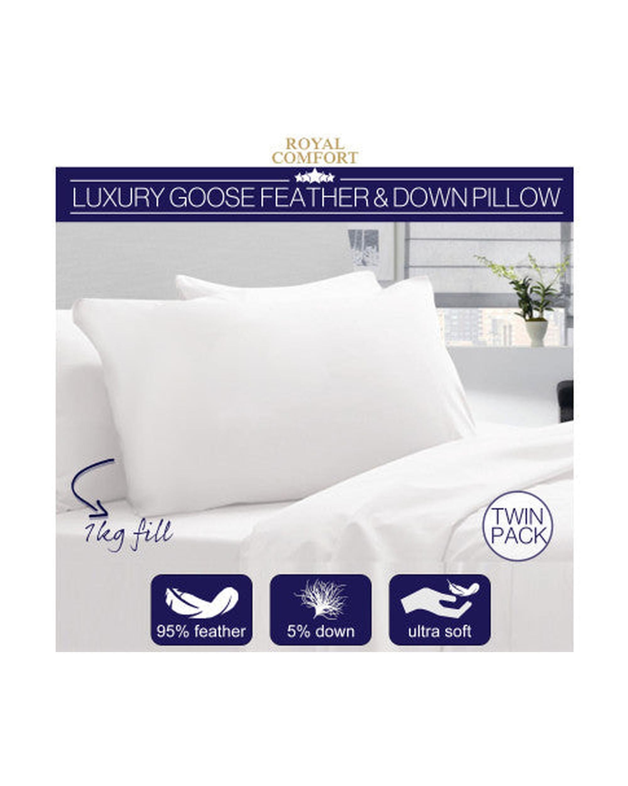 Royal Comfort Goose Down Feather Pillows 1000GSM 100% Cotton Cover - Twin Pack 50 x 75 cm White Royal Comfort