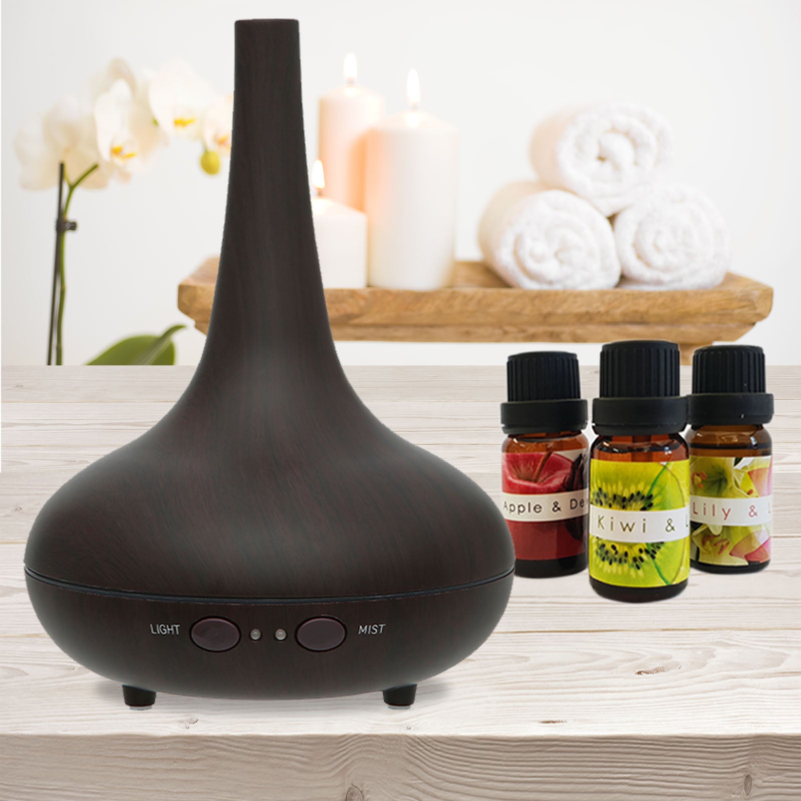 Essential Oil Diffuser Ultrasonic Humidifier Aromatherapy LED Light 200ML 3 Oils 15 x 15 x 20cm Dark Wood Grain Milano Decor