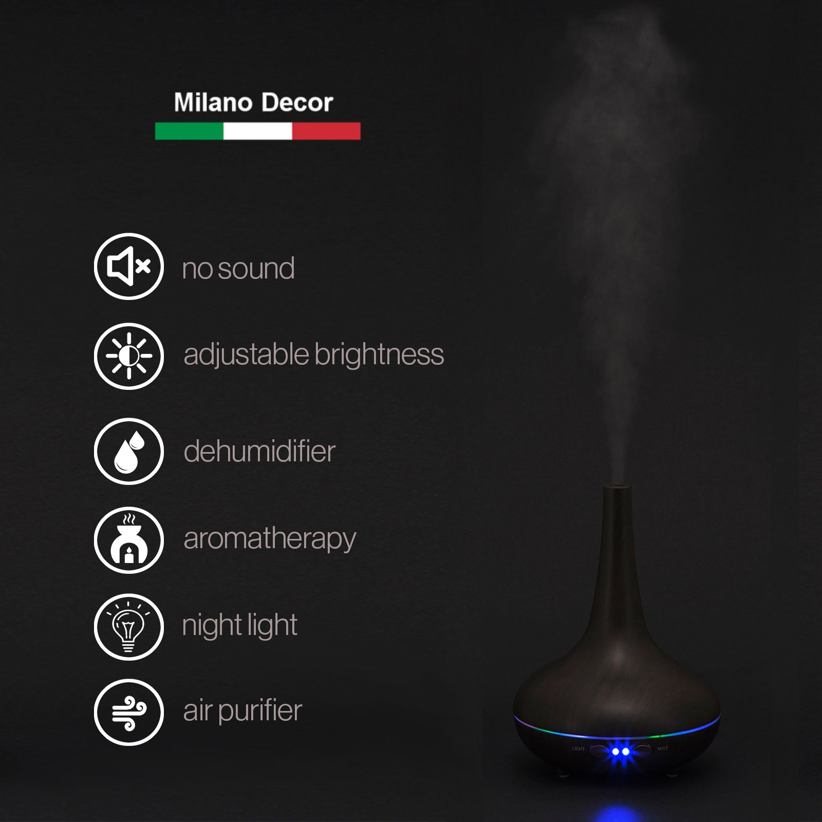 Essential Oil Diffuser Ultrasonic Humidifier Aromatherapy LED Light 200ML 3 Oils 15 x 15 x 20cm Dark Wood Grain Milano Decor