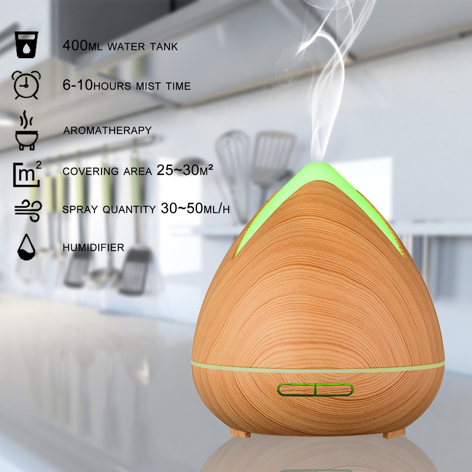 Essential Oils Ultrasonic Aromatherapy Diffuser Air Humidifier Purify 400ML  Light Wood Milano Decor