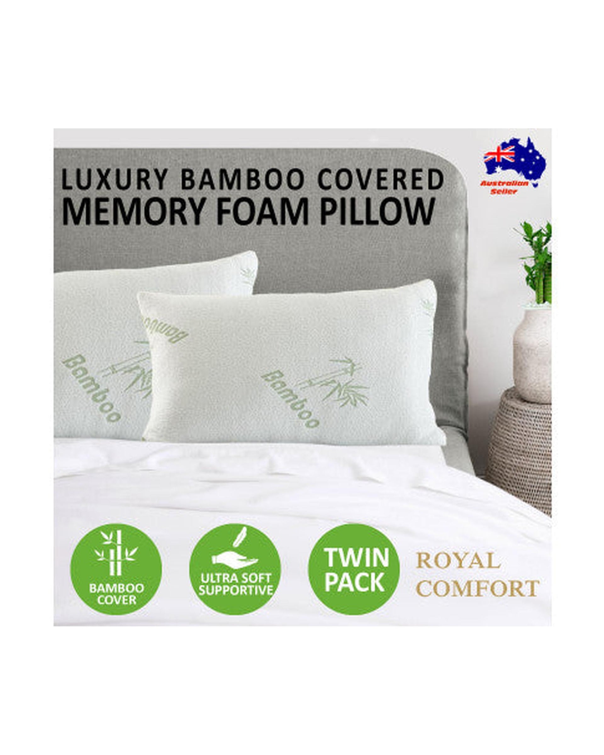 Royal Comfort Luxury Bamboo Covered Memory Foam Pillow Twin Pack Hypoallergenic 56 x 36 x 10 cm Royal Comfort