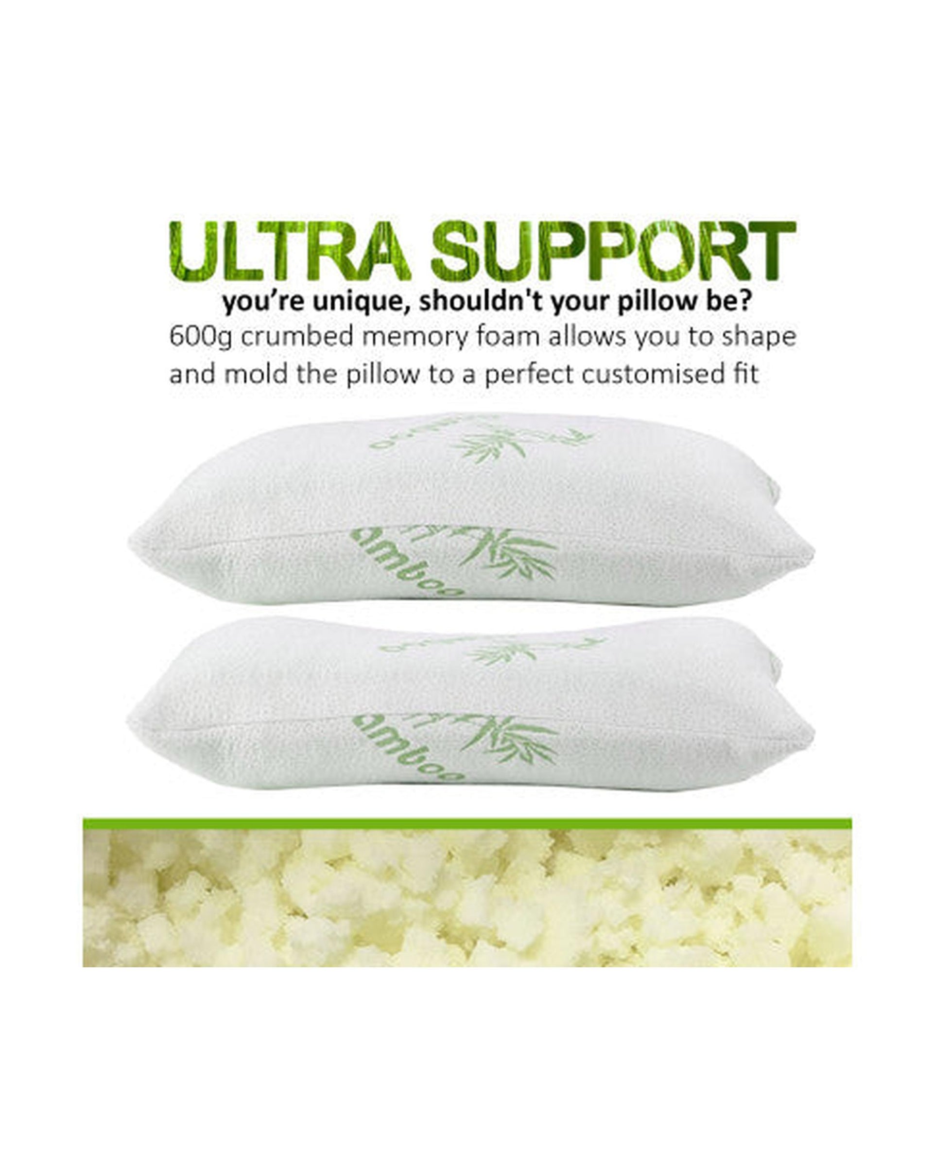 Royal Comfort Luxury Bamboo Covered Memory Foam Pillow Twin Pack Hypoallergenic 56 x 36 x 10 cm Royal Comfort