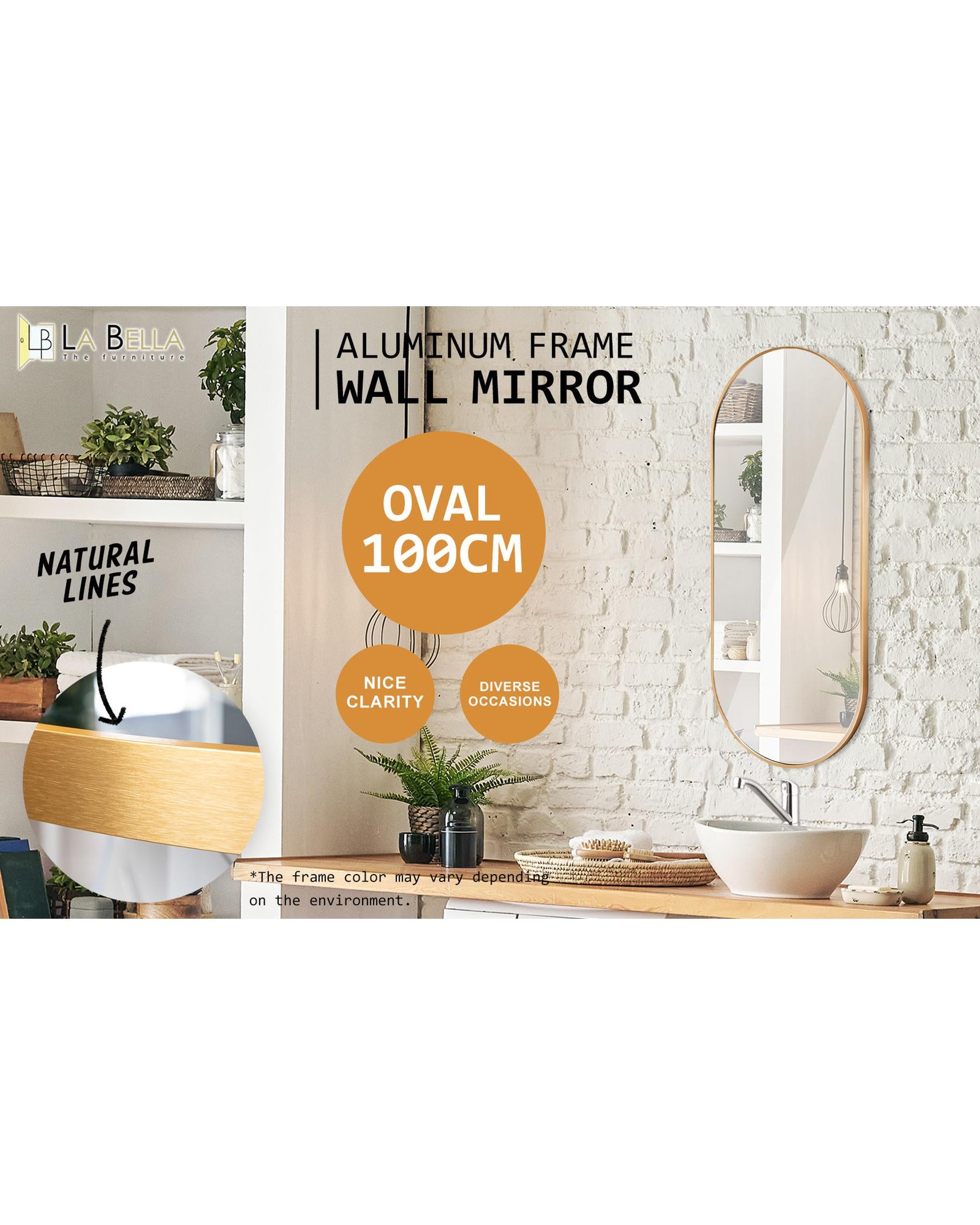 2 Set La Bella Gold Wall Mirror Oval Aluminum Frame Makeup Decor Bathroom Vanity 45x100cm Big Bedding Australia