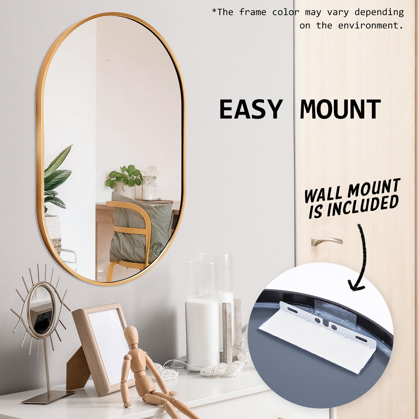 2 Set La Bella Gold Wall Mirror Oval Aluminum Frame Makeup Decor Bathroom Vanity 50x75cm Big Bedding Australia