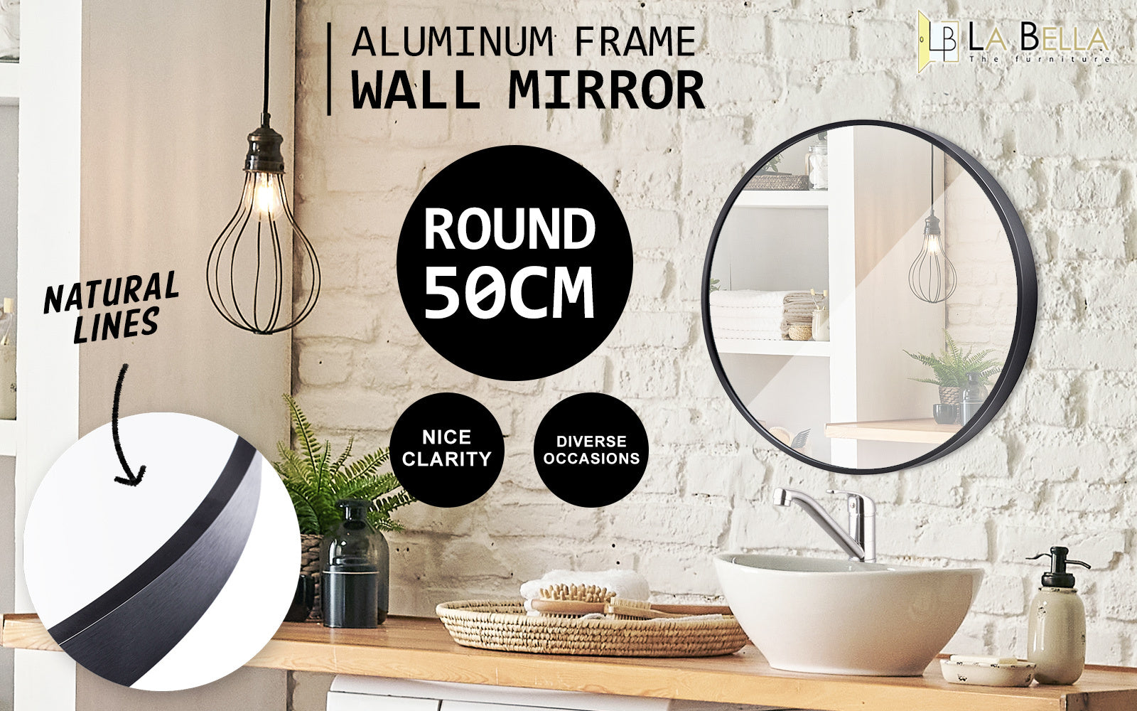 2 Set La Bella Black Wall Mirror Round Aluminum Frame Makeup Decor Bathroom Vanity 50cm Big Bedding Australia