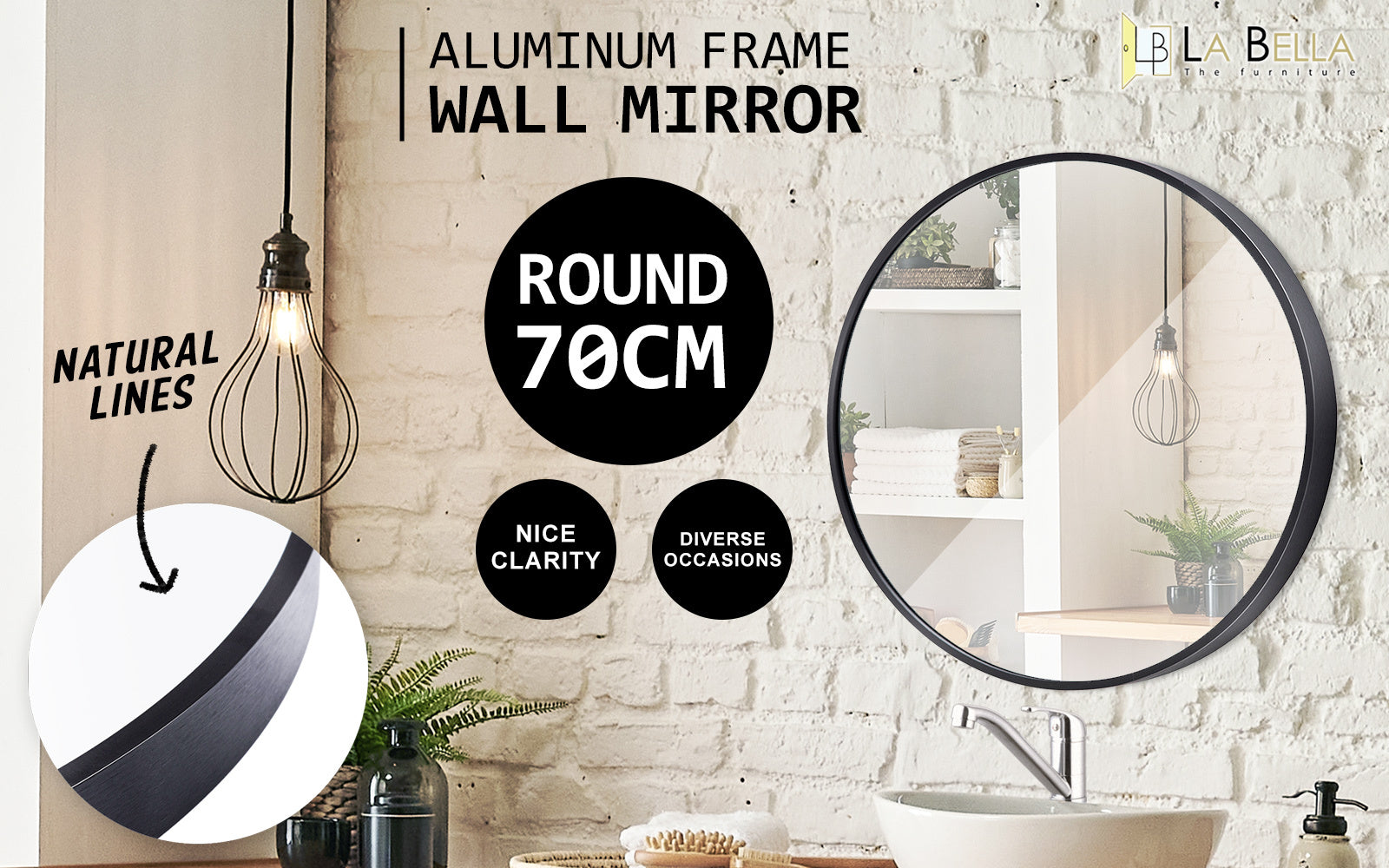 2 Set La Bella Black Wall Mirror Round Aluminum Frame Makeup Decor Bathroom Vanity 70cm Big Bedding Australia