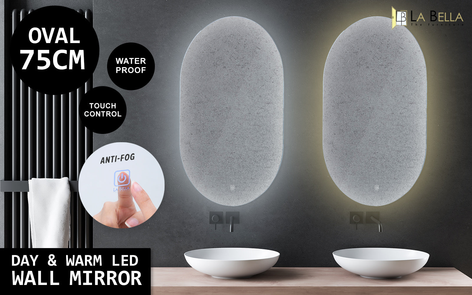 2 Set La Bella LED Wall Mirror Oval Touch Anti-Fog Makeup Decor Bathroom Vanity 50x75cm Big Bedding Australia