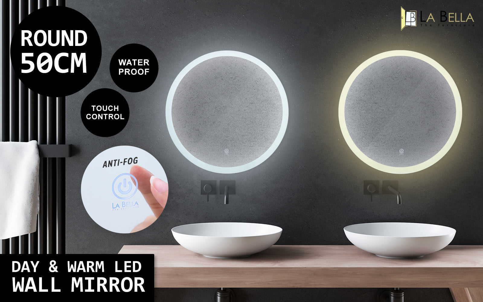 2 Set La Bella LED Wall Mirror Round Touch Anti-Fog Makeup Decor Bathroom Vanity 50cm Big Bedding Australia