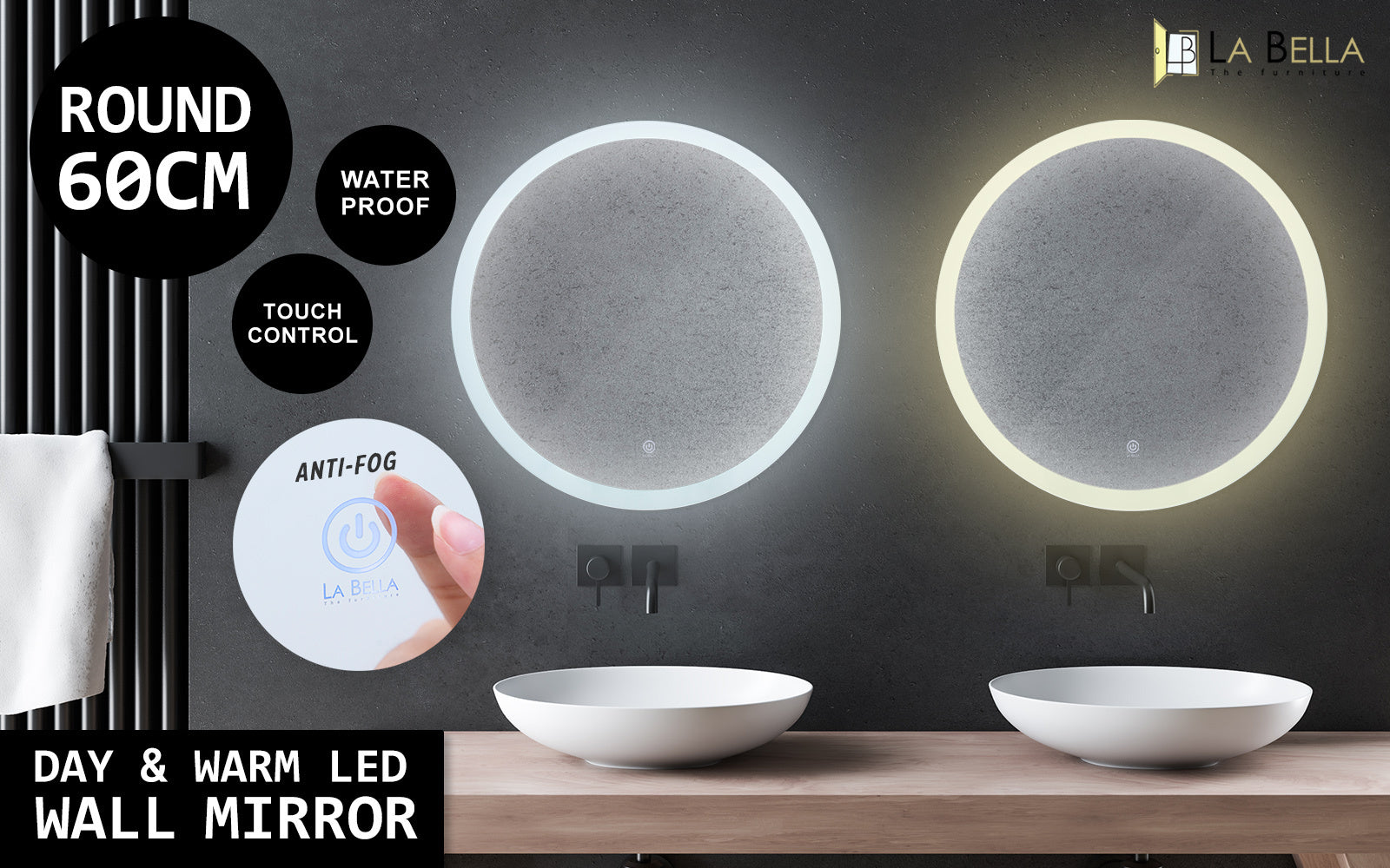 2 Set La Bella LED Wall Mirror Round Touch Anti-Fog Makeup Decor Bathroom Vanity 60cm Big Bedding Australia