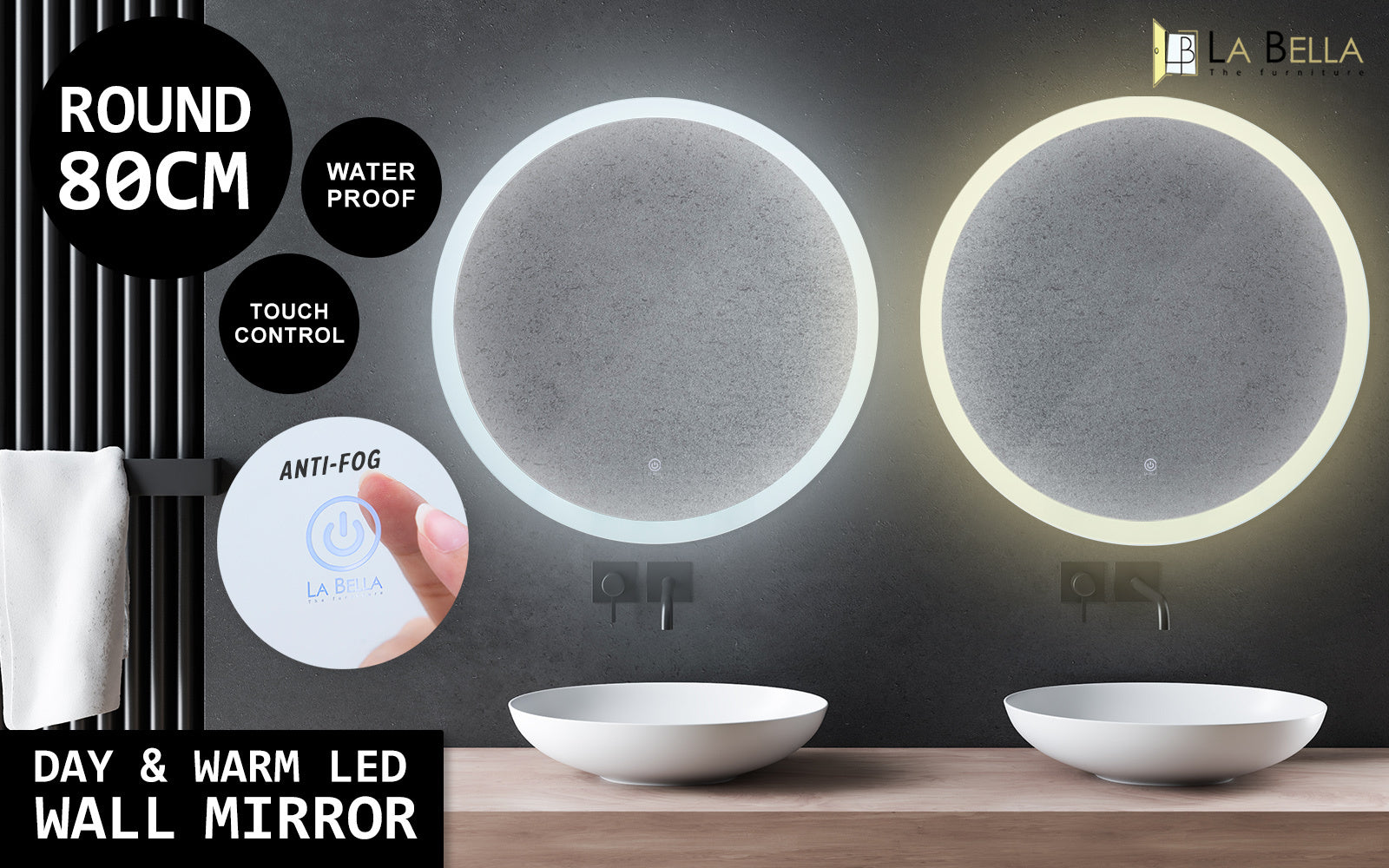 2 Set La Bella LED Wall Mirror Round Touch Anti-Fog Makeup Decor Bathroom Vanity 80cm Big Bedding Australia