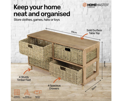4 Drawer Natural Seagrass Wooden Storage Chest Stylish 46cm Home Master