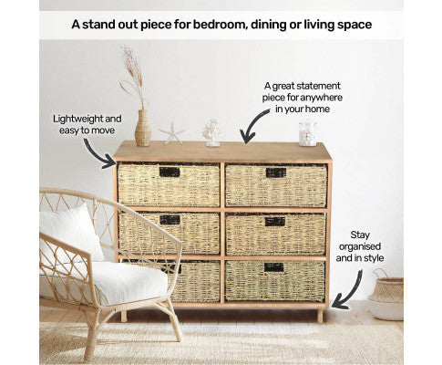 6 Drawer Natural Seagrass Wooden Storage Chest Stylish 66cm Home Master