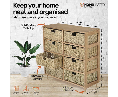 8 Drawer Natural Seagrass Wooden Storage Chest Stylish 85cm Home Master