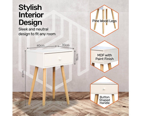 1 Drawer Side Table Sleek Modern & Stylish Neutral Design 61cm Home Master