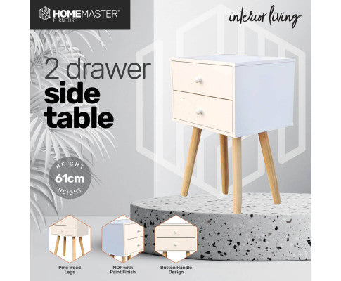 2 Drawer Side Table Sleek Modern & Stylish Neutral Design 61cm Home Master