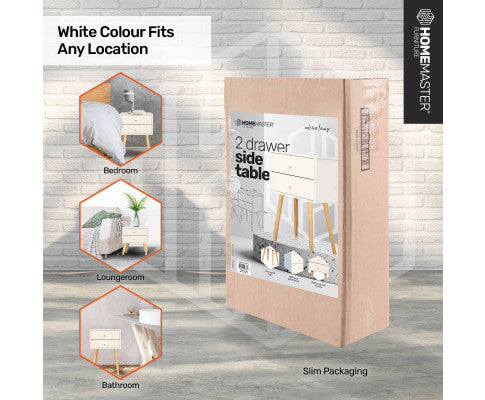 2 Drawer Side Table Sleek Modern & Stylish Neutral Design 61cm Home Master