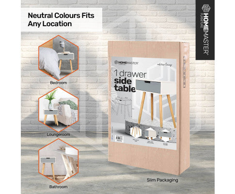 1 Drawer Side Table Modern Sleek & Stylish Neutral Design 61cm Home Master