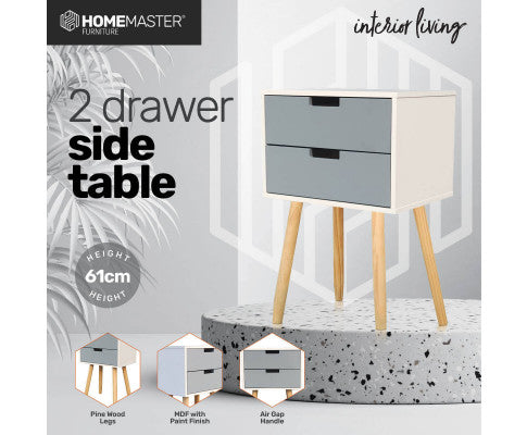 2 Drawer Side Table Modern Sleek & Stylish Neutral Design 61cm Home Master