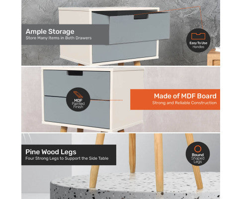 2 Drawer Side Table Modern Sleek & Stylish Neutral Design 61cm Home Master