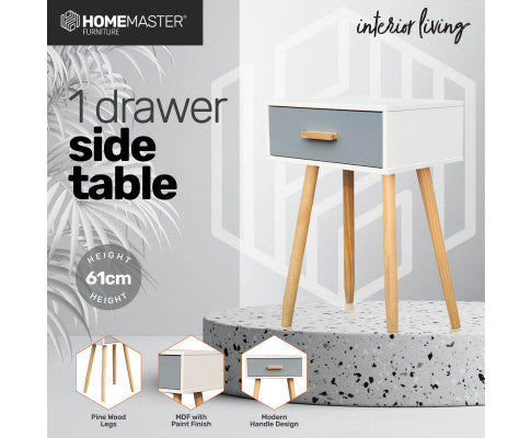 1 Drawer Side Table Sleek Modern & Stylish Neutral Design 61cm Home Master