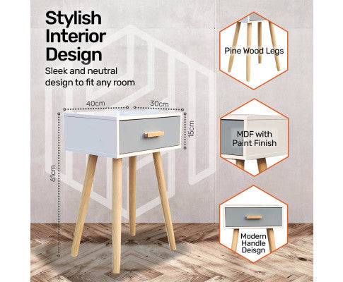 1 Drawer Side Table Sleek Modern & Stylish Neutral Design 61cm Home Master
