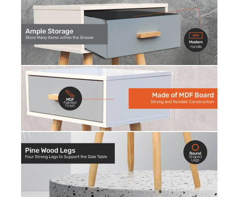 1 Drawer Side Table Sleek Modern & Stylish Neutral Design 61cm Home Master