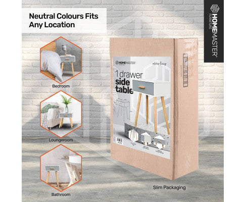 1 Drawer Side Table Sleek Modern & Stylish Neutral Design 61cm Home Master