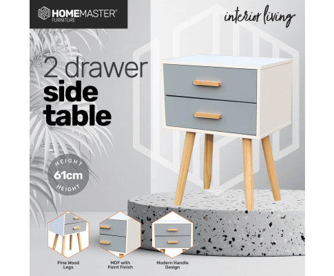 2 Drawer Side Table Sleek Modern & Stylish Neutral Design 61cm Home Master