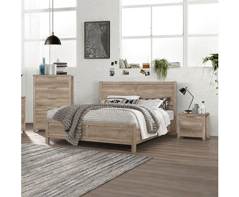 Alice Four Pieces Bedroom Suite Natural Wood Like MDF Structure - Oak Colour Bed, Bedside Table & Tallboy - 3 Sizes Melbournians Furniture