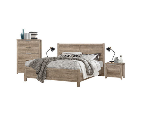 Alice Four Pieces Bedroom Suite Natural Wood Like MDF Structure - Oak Colour Bed, Bedside Table & Tallboy - 3 Sizes Melbournians Furniture