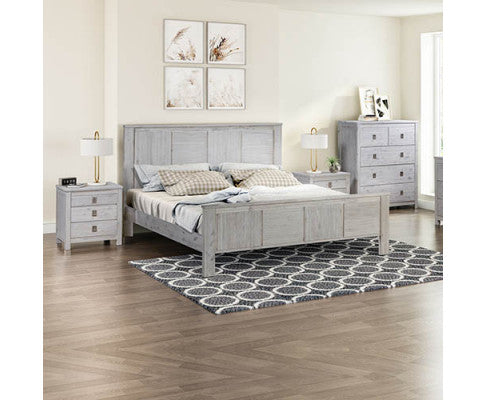 Four Pieces Bedroom Suite with Solid Acacia Wood Veneered Construction - White Ash Colour Bed, Bedside Table & Tallboy - 2 Sizes Melbournians Furniture