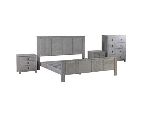 Four Pieces Bedroom Suite with Solid Acacia Wood Veneered Construction - White Ash Colour Bed, Bedside Table & Tallboy - 2 Sizes Melbournians Furniture