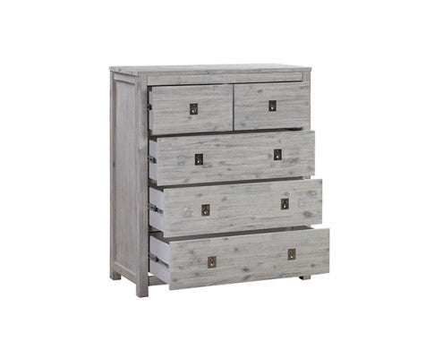 Four Pieces Bedroom Suite with Solid Acacia Wood Veneered Construction - White Ash Colour Bed, Bedside Table & Tallboy - 2 Sizes Melbournians Furniture