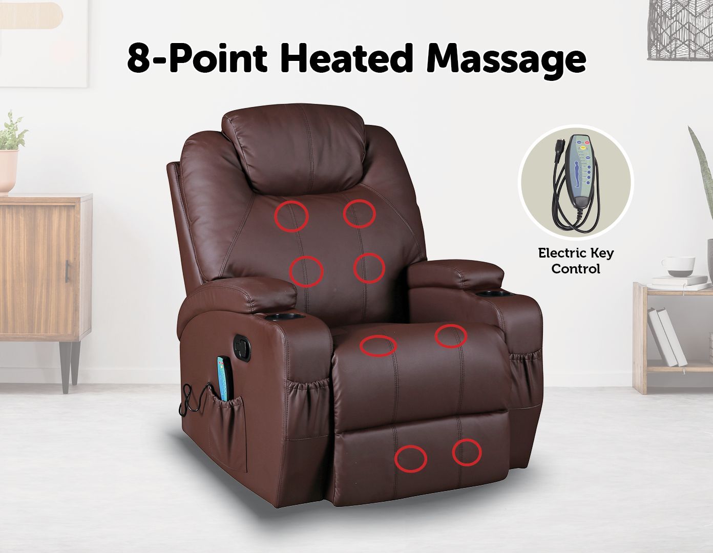 Brown Massage Sofa Chair Recliner 360 Degree Swivel PU Leather Lounge 8 Point Heated Big Bedding Australia