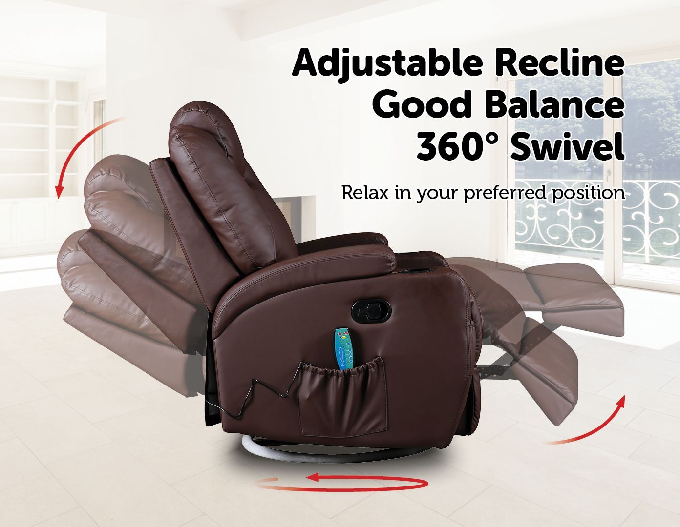 Brown Massage Sofa Chair Recliner 360 Degree Swivel PU Leather Lounge 8 Point Heated Big Bedding Australia