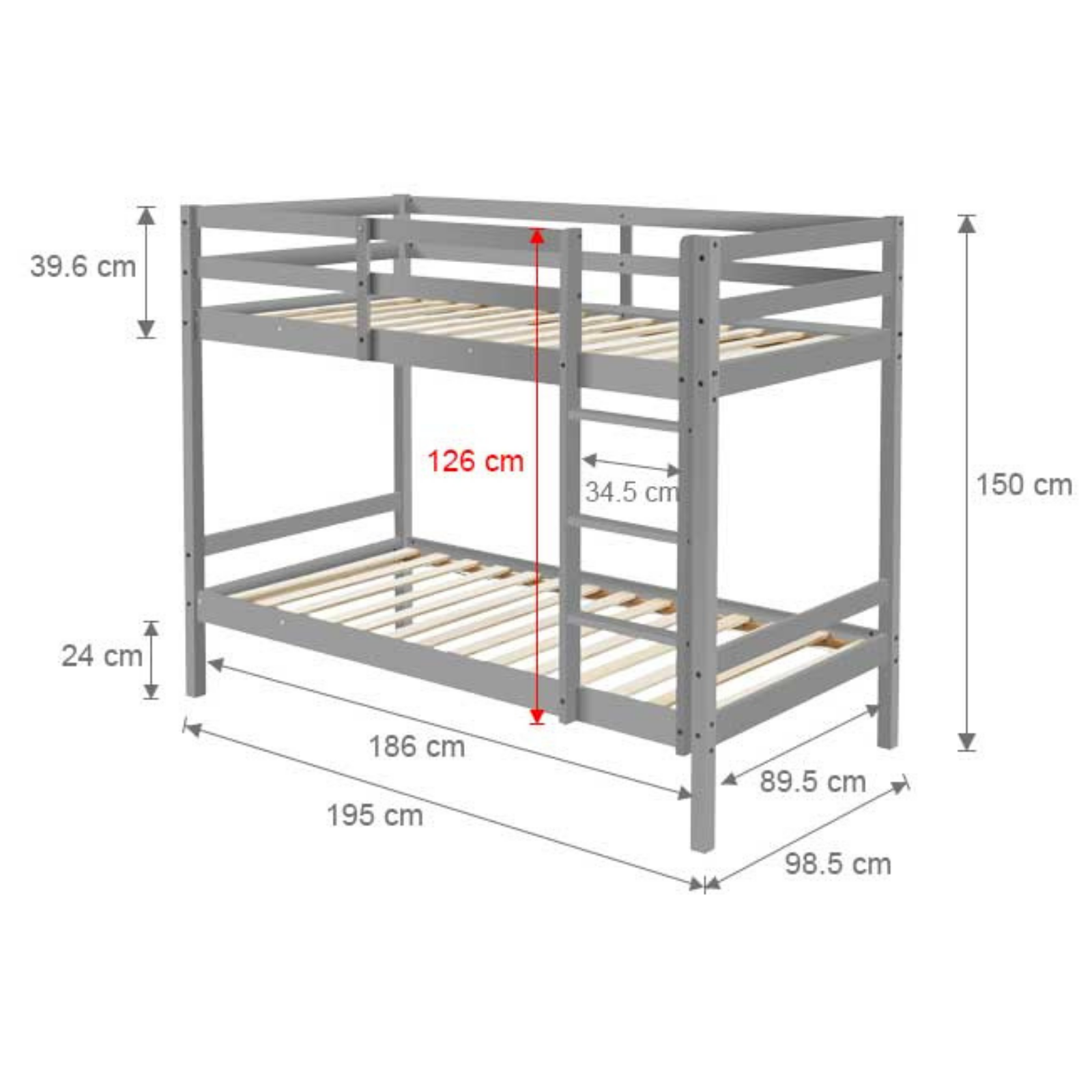 Tracey Solid Pinewood Kids' Single Bunk Bed Dark Grey Big Bedding Australia