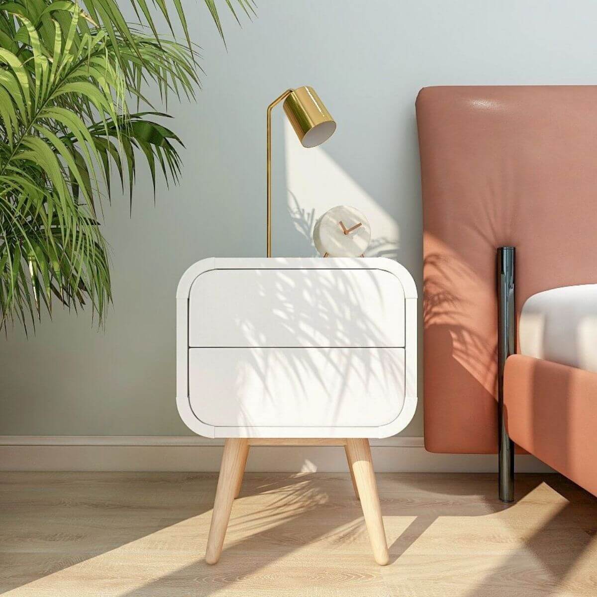 Merlin White Modern Retro Night Stand with Push to Open Drawers Big Bedding Australia