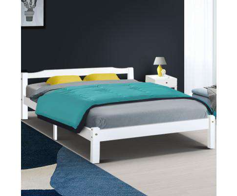 Queen Size Wooden Bed Frame Mattress Base Timber Platform White LEXI Artiss