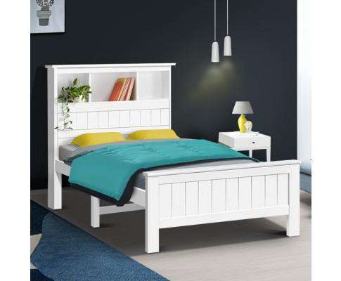 Storage Wooden Timber Bed Frame - White Artiss
