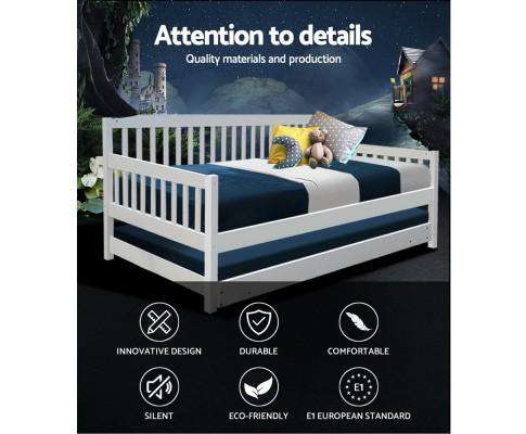 Wooden Trundle Bed Frame - White Artiss