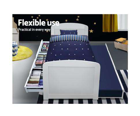 Wooden Trundle Bed Frame - White Artiss