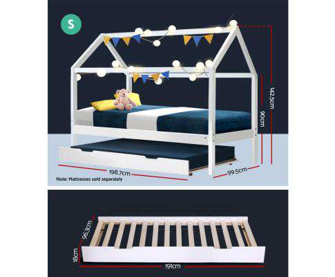 Wooden Bed Frame Single Size Trundle Mattress Base Timber Platform Pine Wood White Artiss