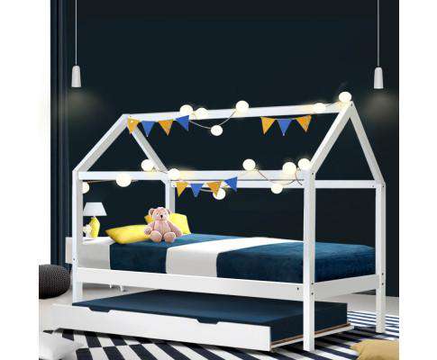 Wooden Bed Frame Single Size Trundle Mattress Base Timber Platform Pine Wood White Artiss