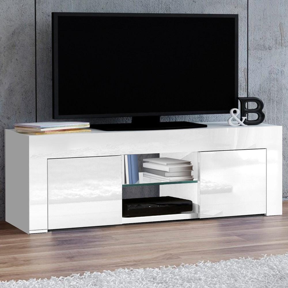 Artiss TV Unit 130cm High Gloss TV Stand Entertainment Unit Storage Cabinet Tempered Glass Shelf White